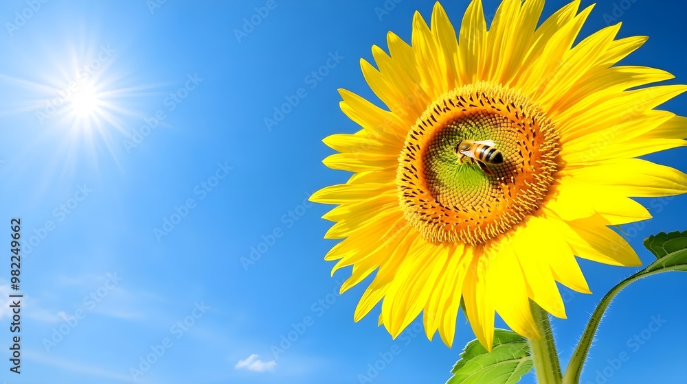 A vibrant sunflower blooms under a clear blue sky, showcasing its bright yellow petals and attracting a busy bee. A vibrant sunflower blooms under a clear blue sky, showcasing its bright yellow petals and attracting a busy bee.