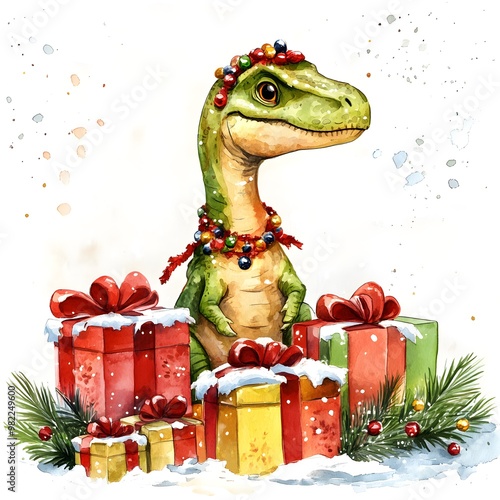 Cute Dinosaur with Christmas Gifts Watercolor Illustration