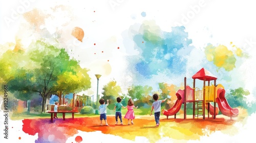 
Playground scene with children playing amidst positive affirmations and e-commerce visuals, a playful mix of fun and future, bright watercolor illustration