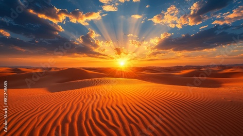 Golden Sunset Over Wavy Sand Dunes in the Desert