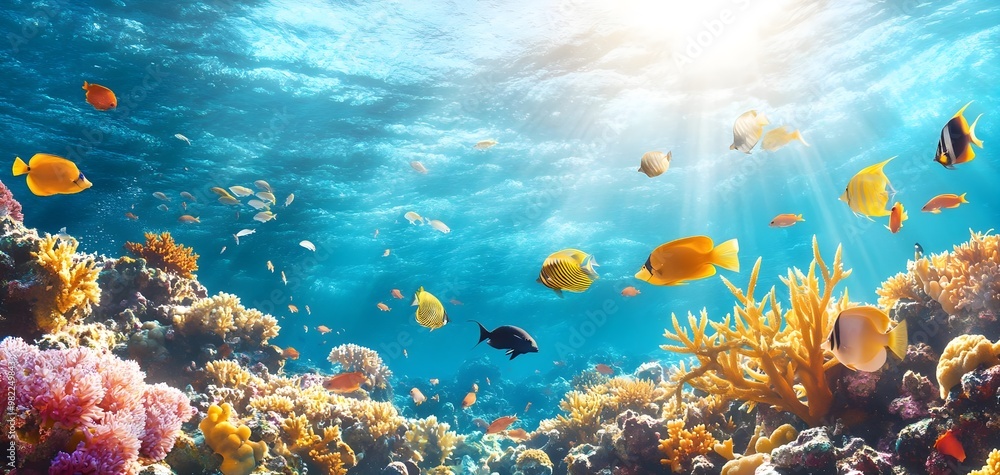 Fototapeta premium A vibrant underwater scene showcasing colorful fish swimming amidst beautiful coral reefs, illuminated by sunlight.