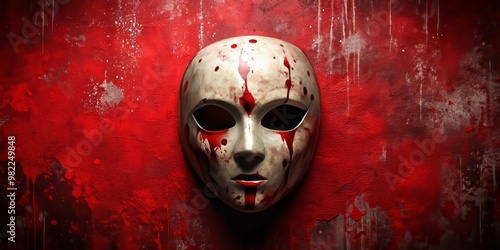 A crimson canvas serves as the backdrop for a twisted, jagged mask with razor-sharp edges, its contours emphasized photo