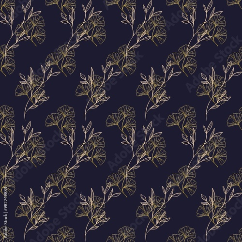 a seamless pattern with gold leaves on a dark blue background. watercolor seamless pattern with flowers. vintage floral pattern. botanical seamless pattern. botanical art. floral botanical collection.