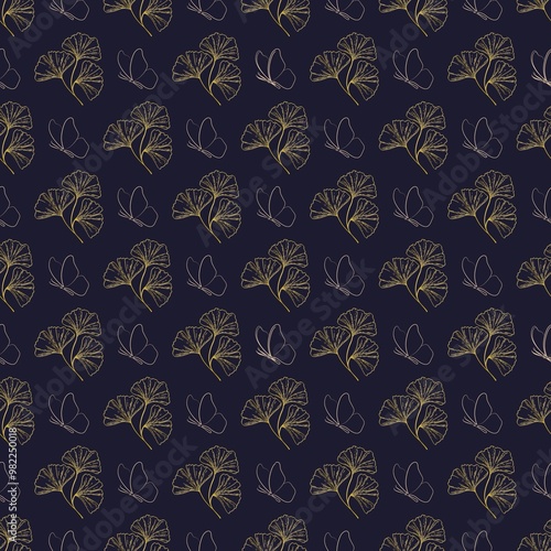 a seamless pattern with gold leaves and butterflies. golden seamless pattern. luxury background. watercolor seamless pattern with flowers. vintage floral pattern. botanical seamless pattern. botanical