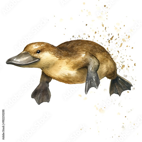 Watercolor Illustration of a Platypus Swimming photo