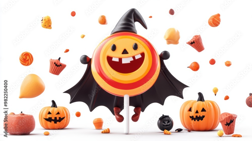A happy lollipop cartoon character with a vampire cape, surrounded by spooky Halloween treats, on a white background. A happy lollipop cartoon character with a vampire cape, surrounded by spooky Halloween treats, on a white background.