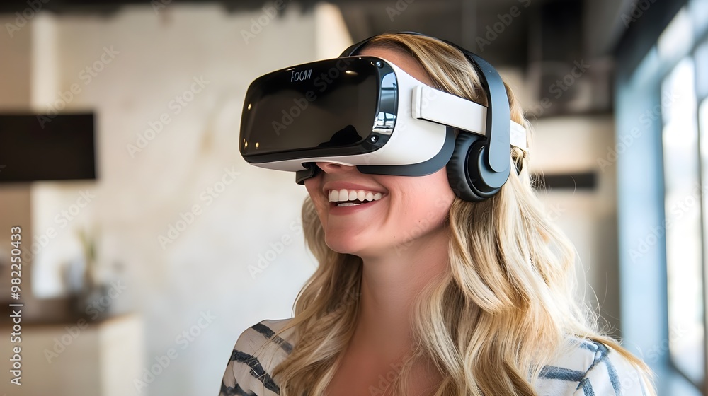 A woman enjoys virtual reality through a VR headset, smiling in an immersive tech environment, showcasing modern technology. A woman enjoys virtual reality through a VR headset, smiling in an immersive tech environment, showcasing modern technology.