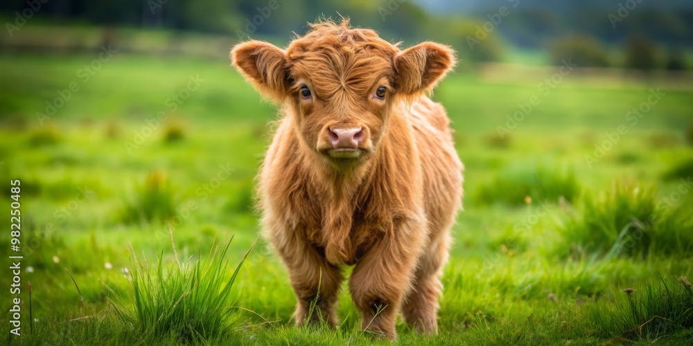 Naklejka premium A curious highland cow calf frolics in a lush green field, her bright eyes sparkling with playfulness as
