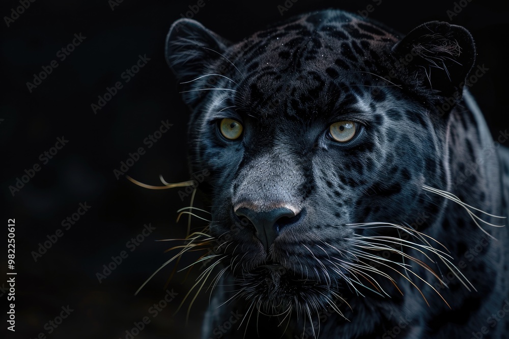 Front view of Panther on black background. Wild animals banner with copy space. Predator series. digital art Front view of Panther on black background. Wild animals banner with copy space. Predator series. digital art