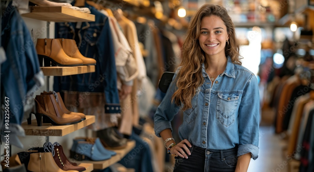 A woman stands in a clothing store with hands on her hips A woman stands in a clothing store with hands on her hips