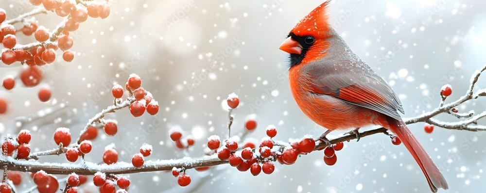 Red Cardinal Bird Perched on a Branch with Snow and Red Berries in Winter Red Cardinal Bird Perched on a Branch with Snow and Red Berries in Winter