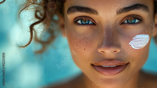 Close-up Portrait of a Woman with Blue Eyes and Sunscreen on Her Cheek