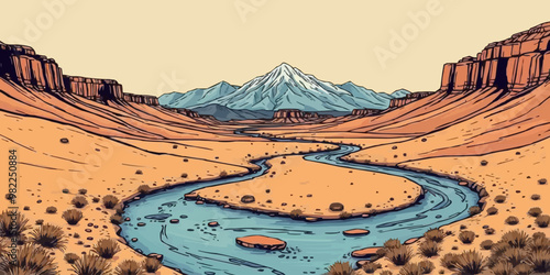 vector landscape a mountainous horizon. In the foreground, there is a winding river or stream flowing through a desert-like terrain with rolling hills and rock formations. 