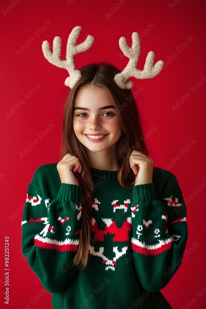 Happy girl wearing deer antlers posing isolated on red background. Holiday reindeer party costume. Christmas and New Year celebration Happy girl wearing deer antlers posing isolated on red background. Holiday reindeer party costume. Christmas and New Year celebration