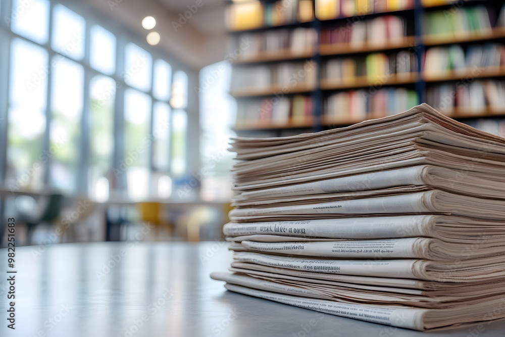 Obraz premium Stack of Newspapers on a Table in a Library