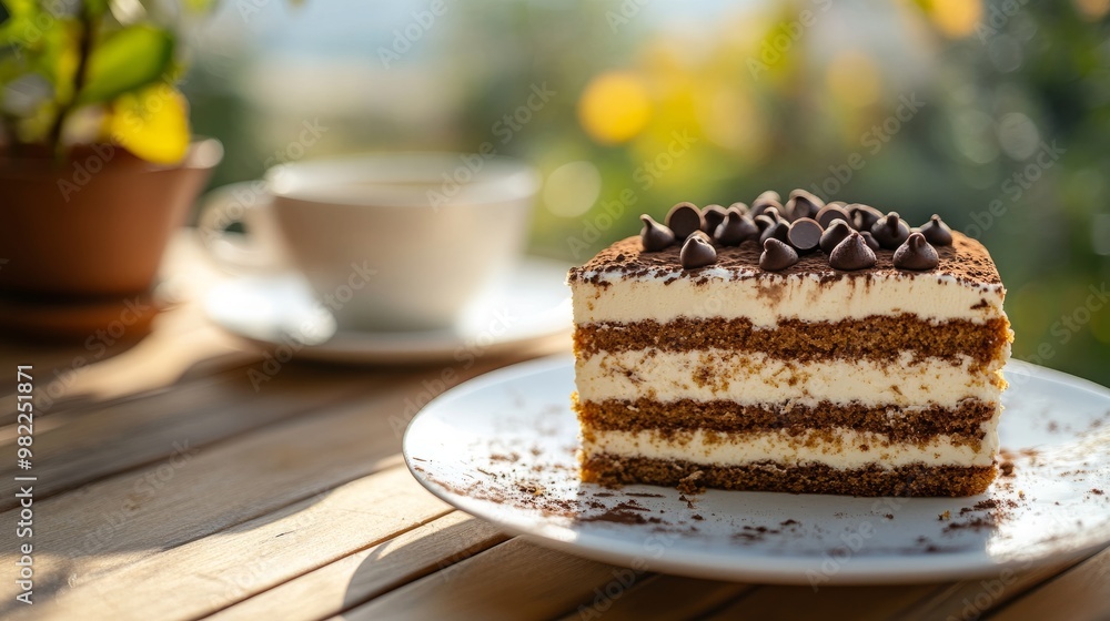 Rich Tiramisu cake slice with mascarpone and chocolate chips, served on an outdoor cafe table, with bright natural light and text space. Rich Tiramisu cake slice with mascarpone and chocolate chips, served on an outdoor cafe table, with bright natural light and text space.