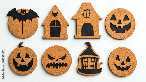 Colorful Halloween coasters featuring bats, pumpkins, and spooky houses, perfect for festive decor and party supplies. photo