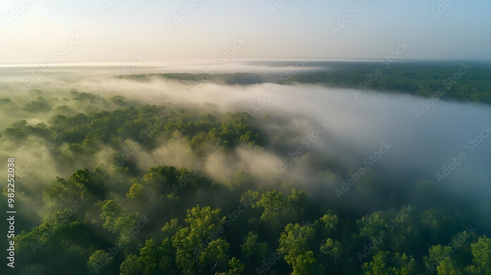 Aerial view of a lush forest blanketed in morning mist, creating a serene and tranquil atmosphere in nature. Aerial view of a lush forest blanketed in morning mist, creating a serene and tranquil atmosphere in nature.