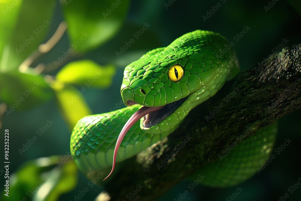 A vibrant green snake rests on a branch amidst lush foliage, its striking yellow eyes and flickering tongue creating a captivating scene in a serene forest setting. A vibrant green snake rests on a branch amidst lush foliage, its striking yellow eyes and flickering tongue creating a captivating scene in a serene forest setting.