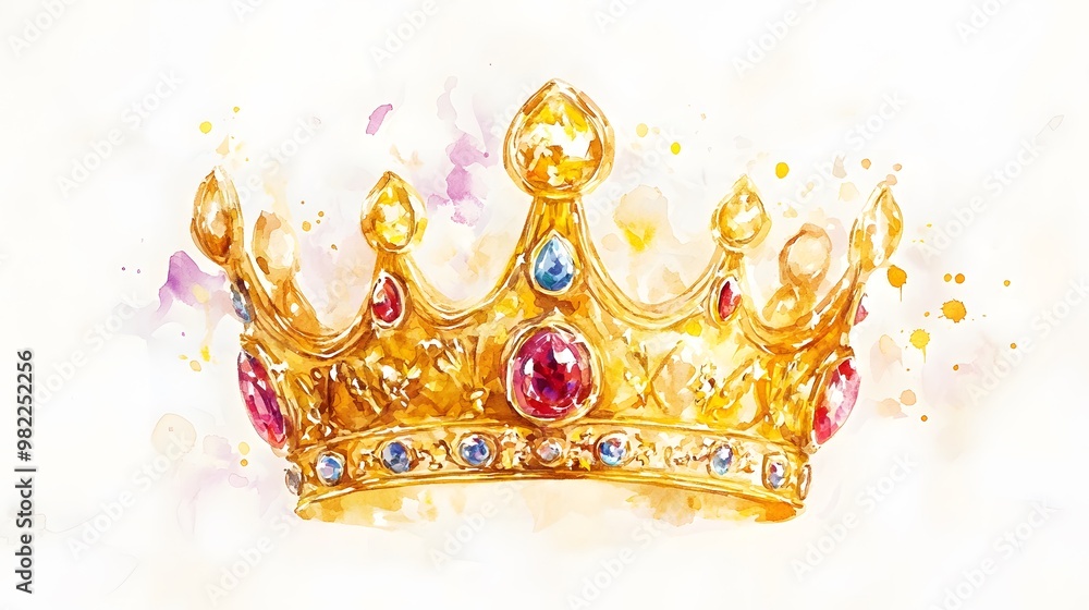 Watercolor Illustration of a Golden Crown with Jewels Watercolor Illustration of a Golden Crown with Jewels