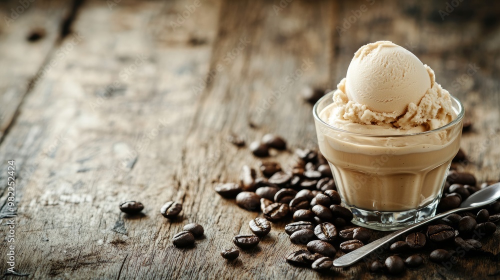Soft serve gelato scoop with roasted coffee beans and a glass of espresso on a rustic wooden table, with space for copy or advertisements. Soft serve gelato scoop with roasted coffee beans and a glass of espresso on a rustic wooden table, with space for copy or advertisements.