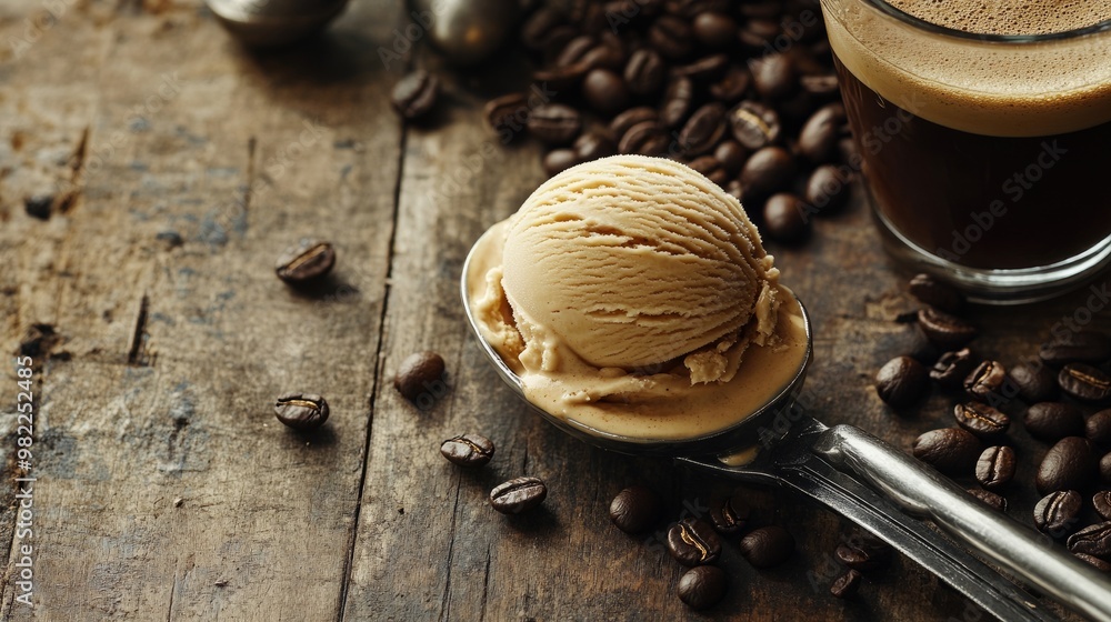 Soft serve gelato scoop with roasted coffee beans and a glass of espresso on a rustic wooden table, with space for copy or advertisements. Soft serve gelato scoop with roasted coffee beans and a glass of espresso on a rustic wooden table, with space for copy or advertisements.