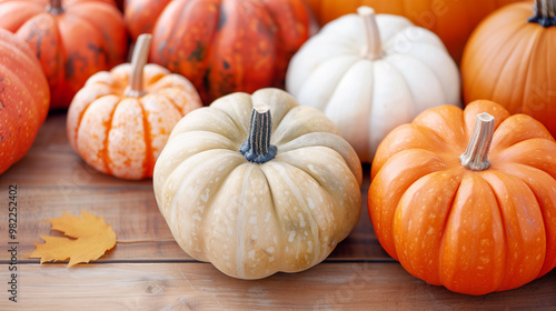 Pumpkins harvest with colorful varieties and autumn leaves on wooden background