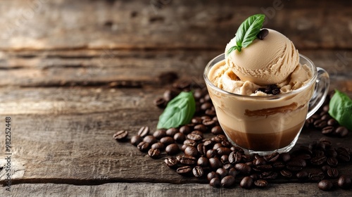 Soft serve gelato scoop with roasted coffee beans and a glass of espresso on a rustic wooden table, with space for copy or advertisements.