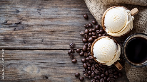 Soft serve gelato scoops alongside coffee beans and a glass of black coffee on a rustic wooden table, ready for promotional use with text space.