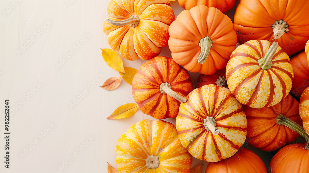 Pumpkins in autumn colors scattered on a light background showcasing vibrant orange and yellow hues Pumpkins in autumn colors scattered on a light background showcasing vibrant orange and yellow hues