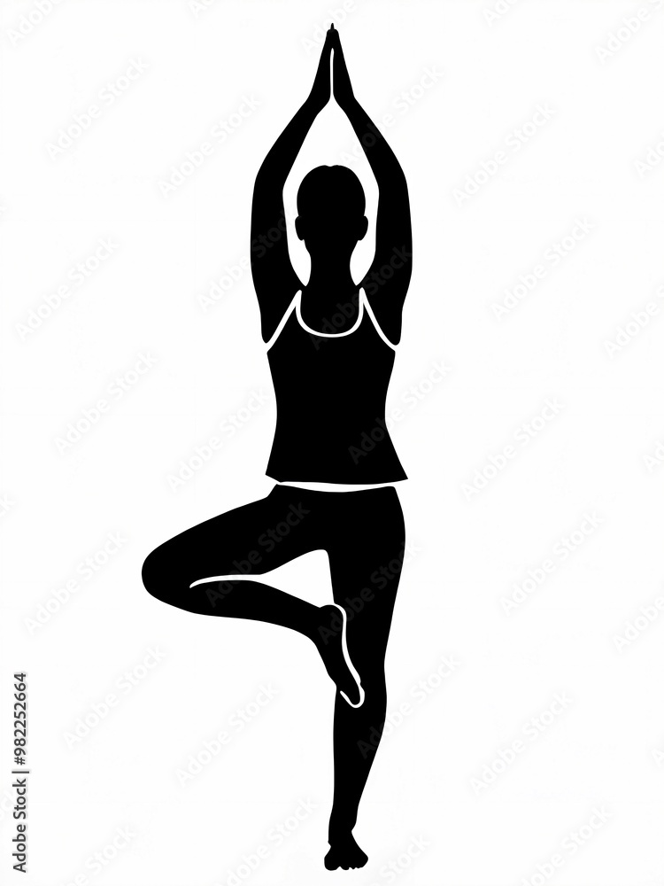 Silhouette of woman practicing tree pose in yoga, minimalist yoga pose of a woman practitioner in black and white, balance, calm, female, fitness, exercise, meditation, stretching, flexibility Silhouette of woman practicing tree pose in yoga, minimalist yoga pose of a woman practitioner in black and white, balance, calm, female, fitness, exercise, meditation, stretching, flexibility