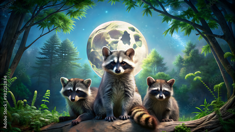 Obraz premium Playful racoons under the full moon in the forest, raccoons, moon, night, wildlife, animals, nature, playful, forest