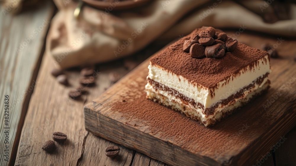 Tiramisu slice with creamy mascarpone and cocoa topping on a rustic wooden table, perfect for a food banner or advertisement with copy space. Tiramisu slice with creamy mascarpone and cocoa topping on a rustic wooden table, perfect for a food banner or advertisement with copy space.