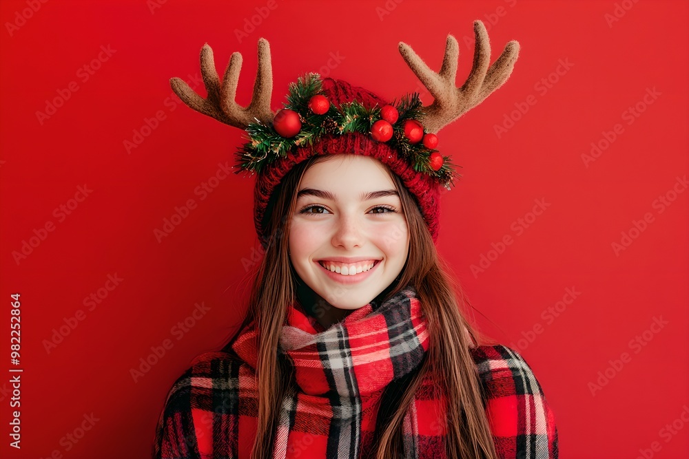 Happy girl wearing deer antlers isolated on red background. Holiday party reindeer costume. Christmas and New Year celebration. Happy girl wearing deer antlers isolated on red background. Holiday party reindeer costume. Christmas and New Year celebration.