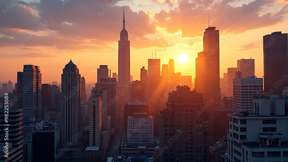Fototapeta premium A city skyline during golden hour bathed in warm sunlight creates a breathtaking view, highlighting the beauty of urban architecture and the charm of evening light.