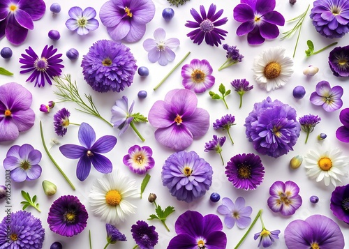 Top view of violet and purple flowers scattered on a white background, captured in a panoramic shot with realistic high-definition details