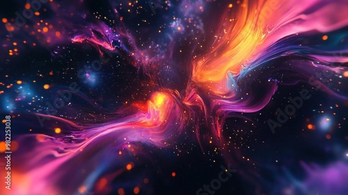 Abstract cosmic background with swirling colors and glowing particles.