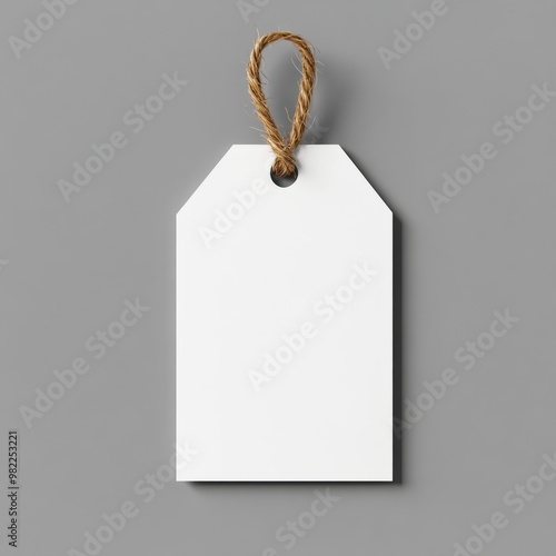 A plain white tag on a gray background, featuring a hole for string attachment.