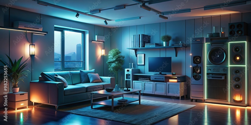 Naklejka premium A dimly lit room with a tranquil ambiance features electronic devices, appliances, and lights all turned off, allowing