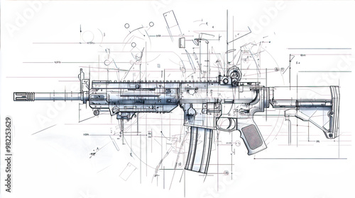 Technical drawing of a modern assault rifle on graph paper