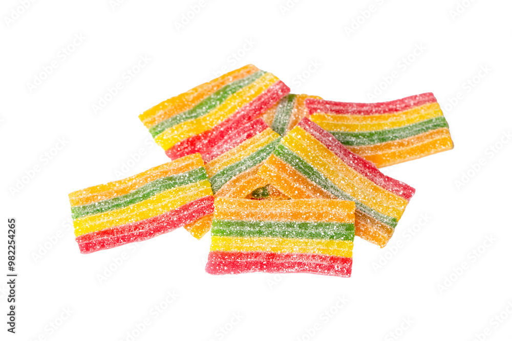 A colorful group of chewy sour candy sticks stacked.