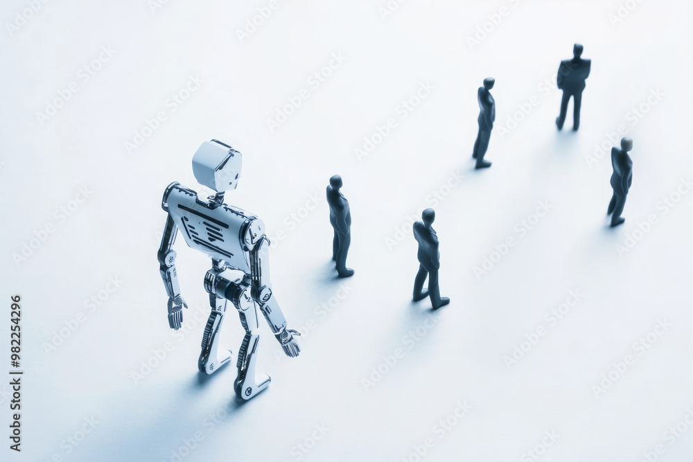 A humanoid robot observes a group of people standing against a light background in a futuristic setting. Artificial intelligence controlling and dominating people A humanoid robot observes a group of people standing against a light background in a futuristic setting. Artificial intelligence controlling and dominating people