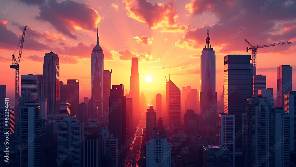 Fototapeta premium A city skyline with a vibrant sunset in the background creates a stunning visual, showcasing the interplay of colors and the beauty of urban life at dusk.