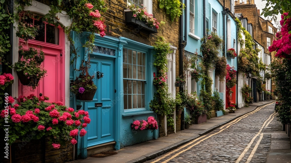 Fototapeta premium Charming cobblestone street with colorful doors and vibrant flower displays, creating a picturesque urban landscape.