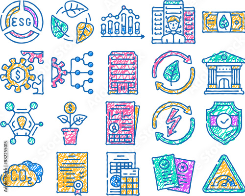 environmental social governance doodle icons set vector. sketch line art esg business, energy social, eco green, company ecology, sustainable environmental social governance color illustrations