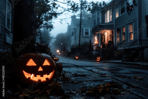 A spooky Halloween night street shrouded in fog