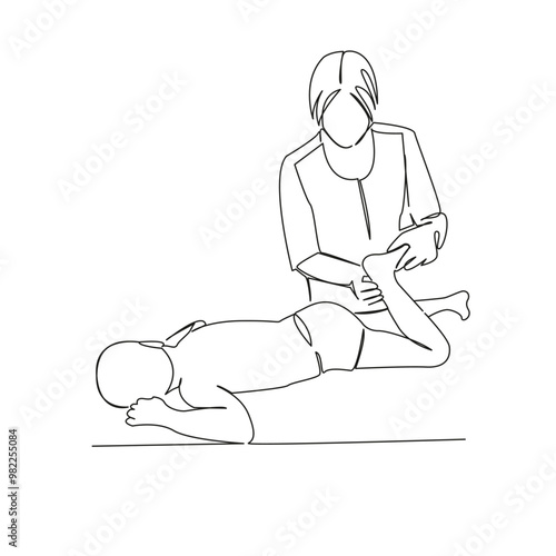 One continuous single drawing line art flat doodle exercises, osteopath, women, doctor, instructor, massage, child, masseur. Isolated image hand draw contour on a white background
