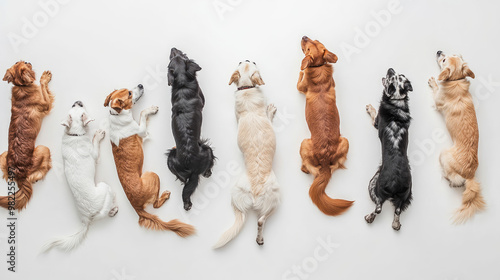 multiple dogs on white background, top view