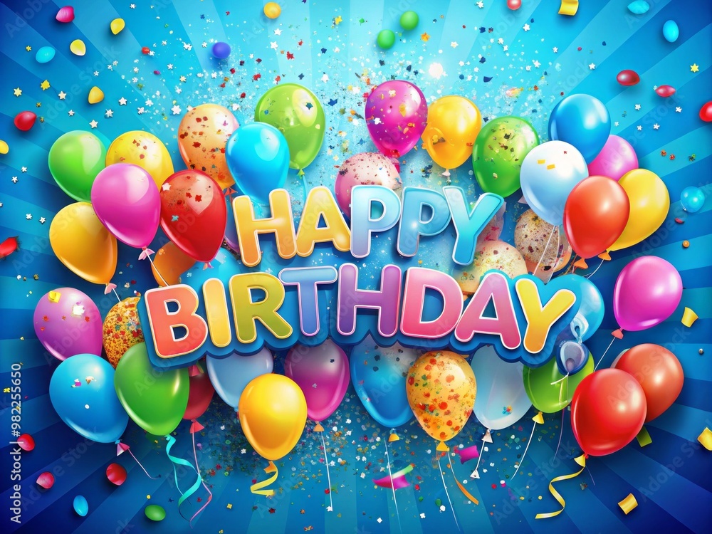 Colorful confetti explosion with smiling balloons and a giant 