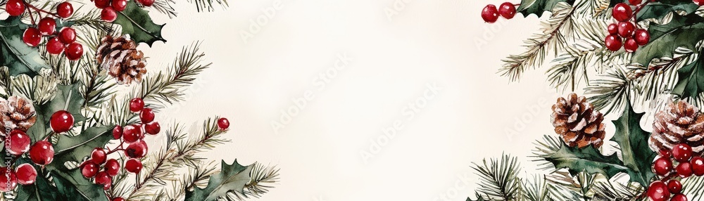 A classic Christmas greeting card frame embellished with holly berries and evergreen branches, accented with soft silver glitter, all against a clean white background that enhances the festive and A classic Christmas greeting card frame embellished with holly berries and evergreen branches, accented with soft silver glitter, all against a clean white background that enhances the festive and